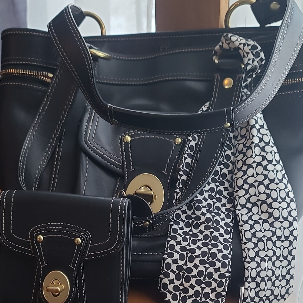 Coach Black Handbag with Scarf Accent and Wallet